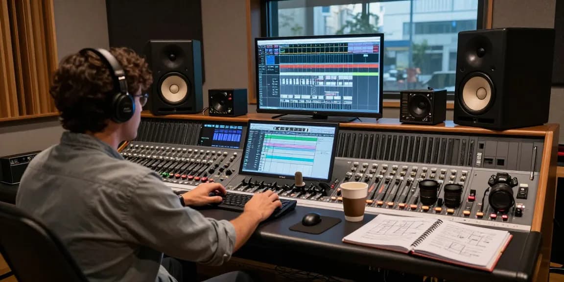 Sound engineer adjusting levels on DA88 audio workstation in a professional studio environment.
