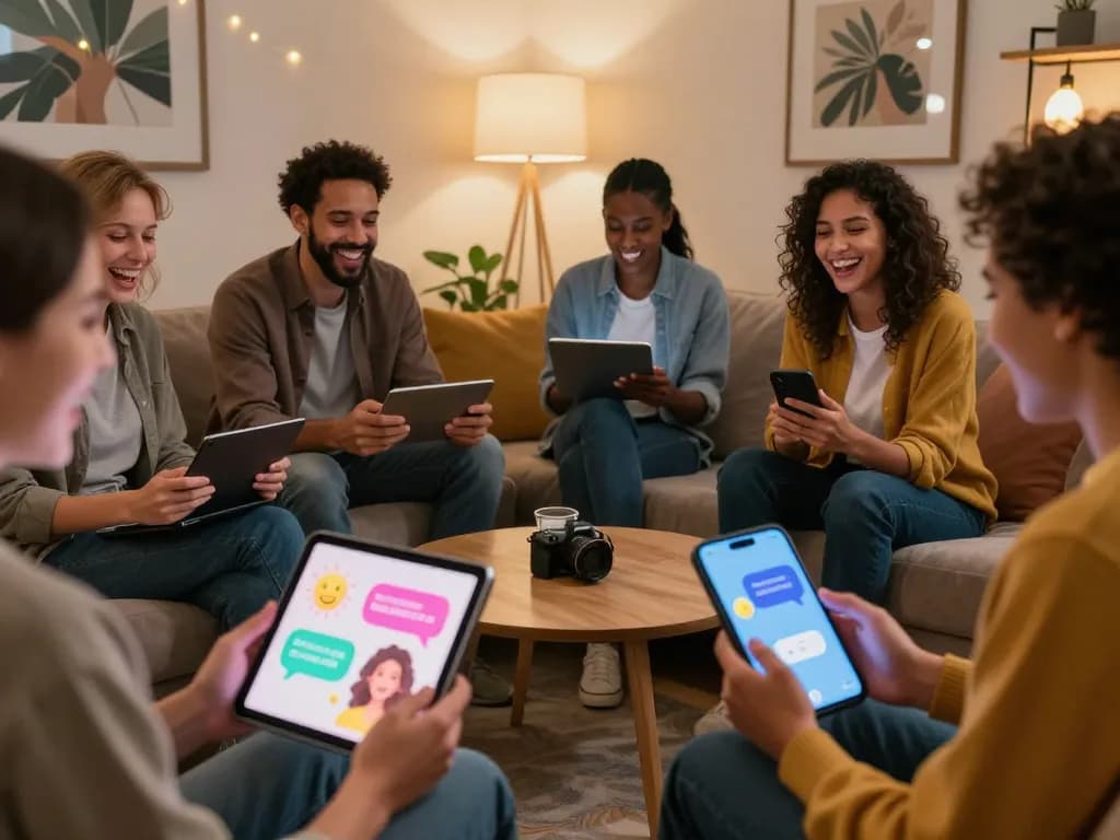 Engaging adults enjoying ai nsfw chat experience in a cozy digital lounge with vibrant avatars.
