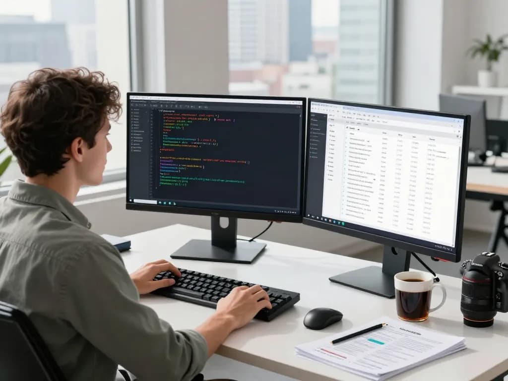 Software developer focusing on hbet code in a bright modern office with dual monitors and urban view.
