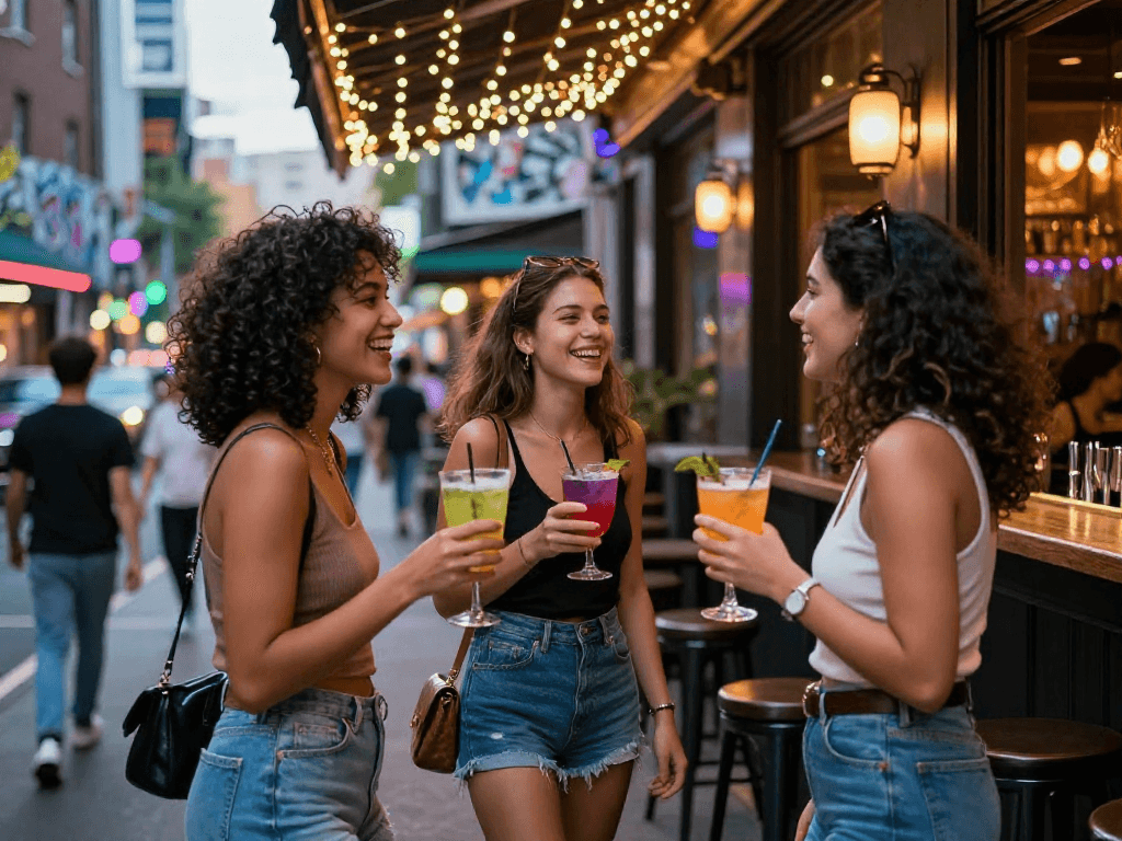 Gái gọi đang thưởng thức ly cocktail và cười đùa trong đêm phố.