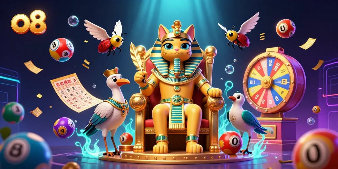 Engaging o8 scene featuring a pharaoh cat, ibis scribe, and colorful lottery elements in a dynamic casino atmosphere.