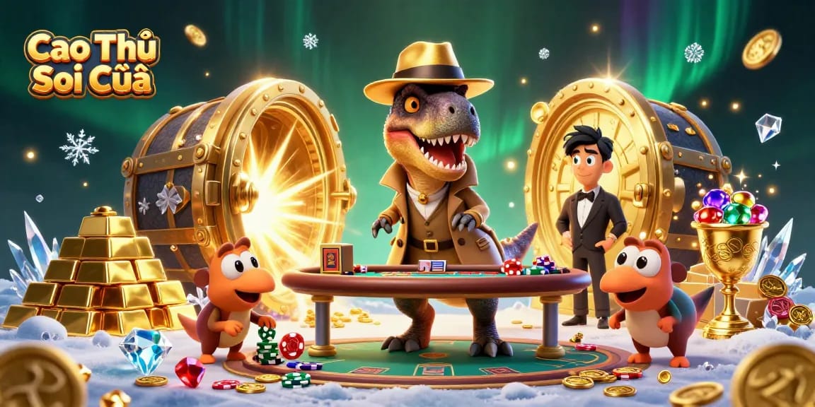 Cao Thủ Soi Cầu showcases a cartoon velociraptor card counter in a casino scene, emphasizing gambling excitement.