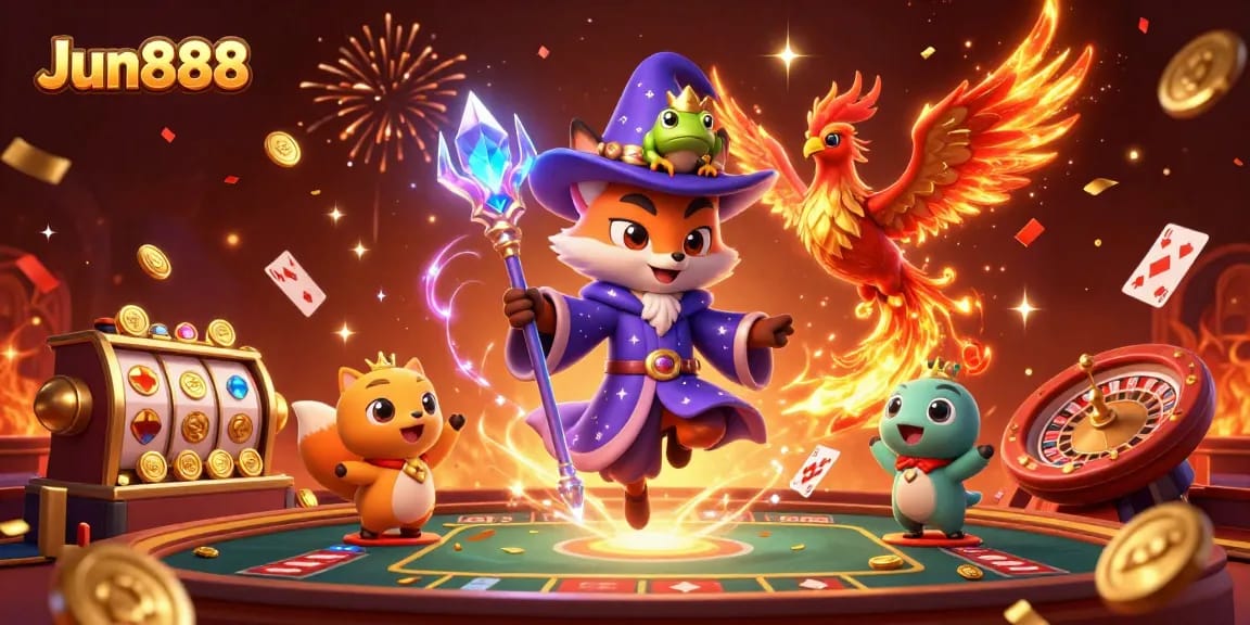 Join the thrilling action at Jun888 with a magical scene featuring a wizard fox, phoenix, and dazzling casino elements.