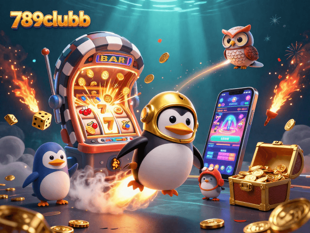 Experience thrilling games at 789clubb with a dazzling penguin and golden elements in an exciting casino scene.