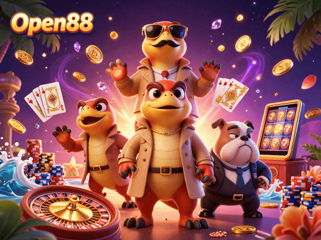 Open88 engages players with a lively scene of raptors in a trench coat entering a VIP casino lounge.