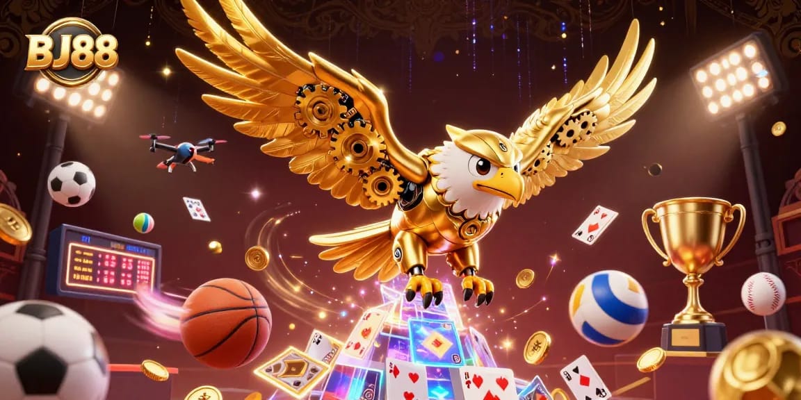 Experience the excitement of BJ88 sports betting with dynamic 3D casino elements and vibrant visuals.