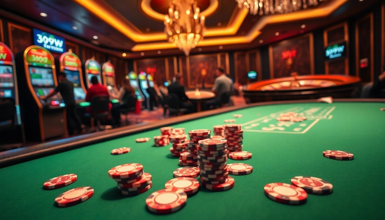 Join the thrill of 399W at an elegant casino table filled with vibrant poker chips and exciting gameplay.