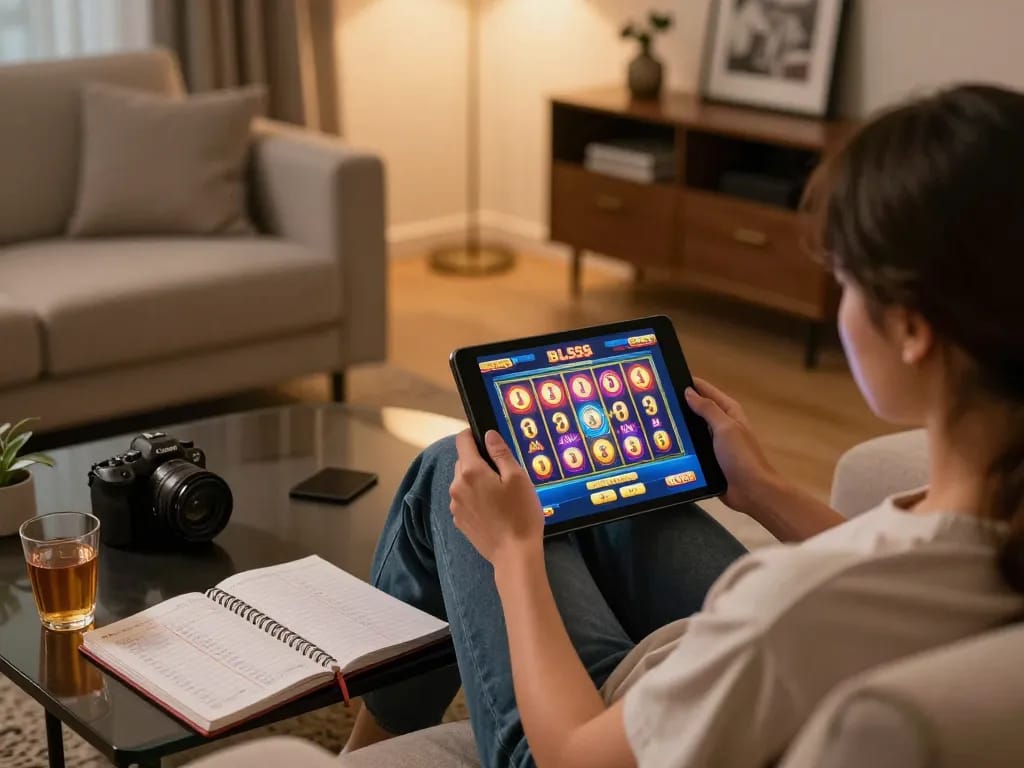 Person enjoying online slots at home with nhà cái BL555 on tablet, focus on gameplay experience.