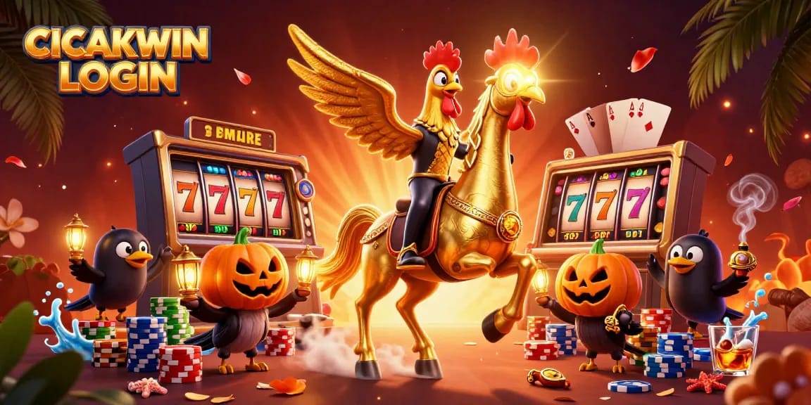 CICAKWIN LOGIN showcases a golden rooster in a vibrant casino scene filled with dynamic slot reels and poker elements.