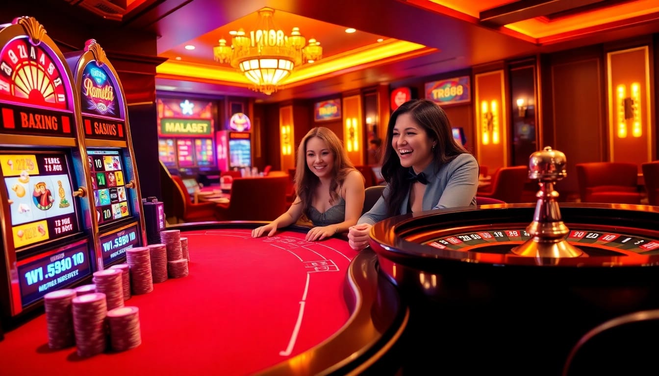 Experience the thrill of TR88 casino with players at a poker table, vibrant slot machines, and lively roulette.