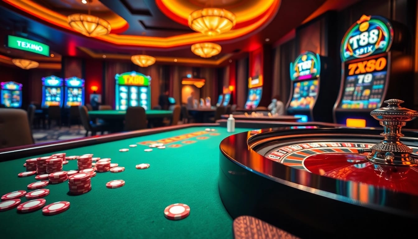 Experience the excitement of TX88 with vibrant roulette tables and poker chips in an upscale casino setting.