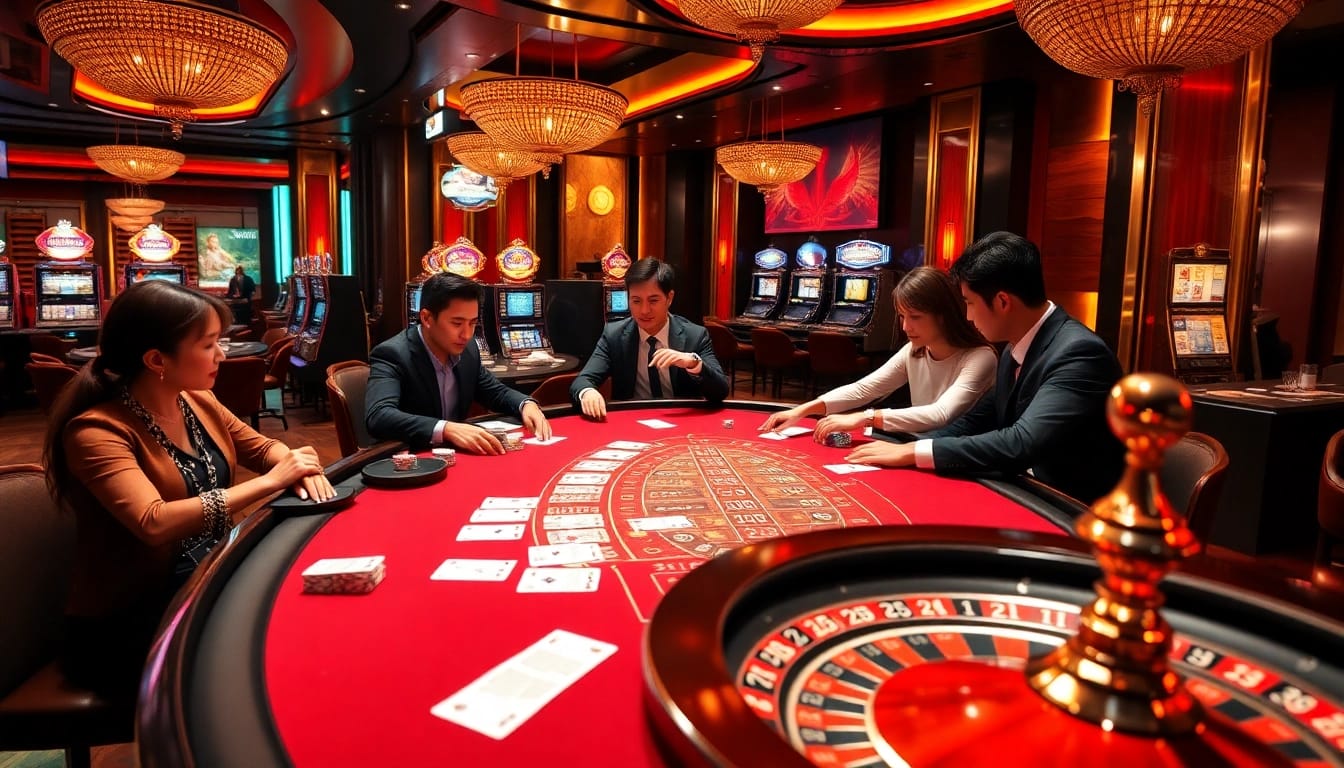 Experience the thrill of mm88.osaka with vibrant casino scenes featuring blackjack tables and roulette wheels.