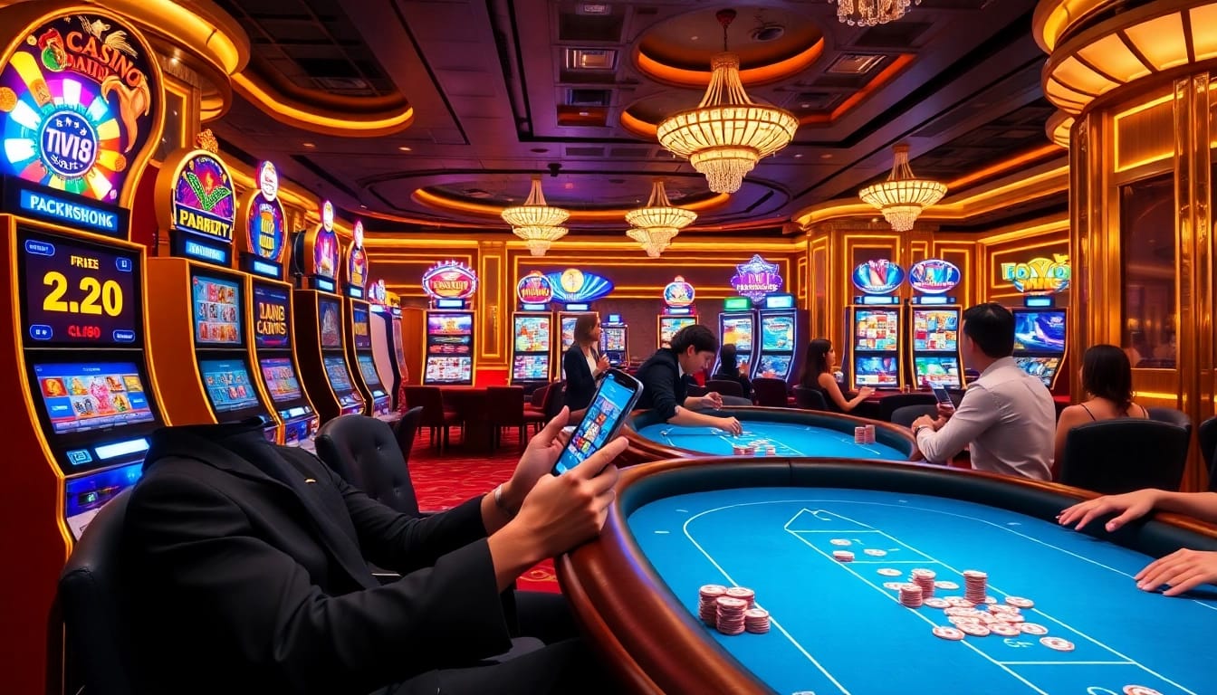 Experience the excitement of the TX88 App in a vibrant casino scene with slot machines and poker tables.