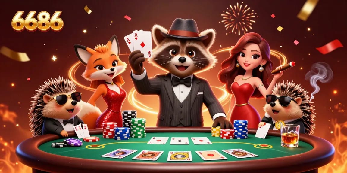 Win with 6686 as the suave raccoon plays poker amidst vibrant casino elements.