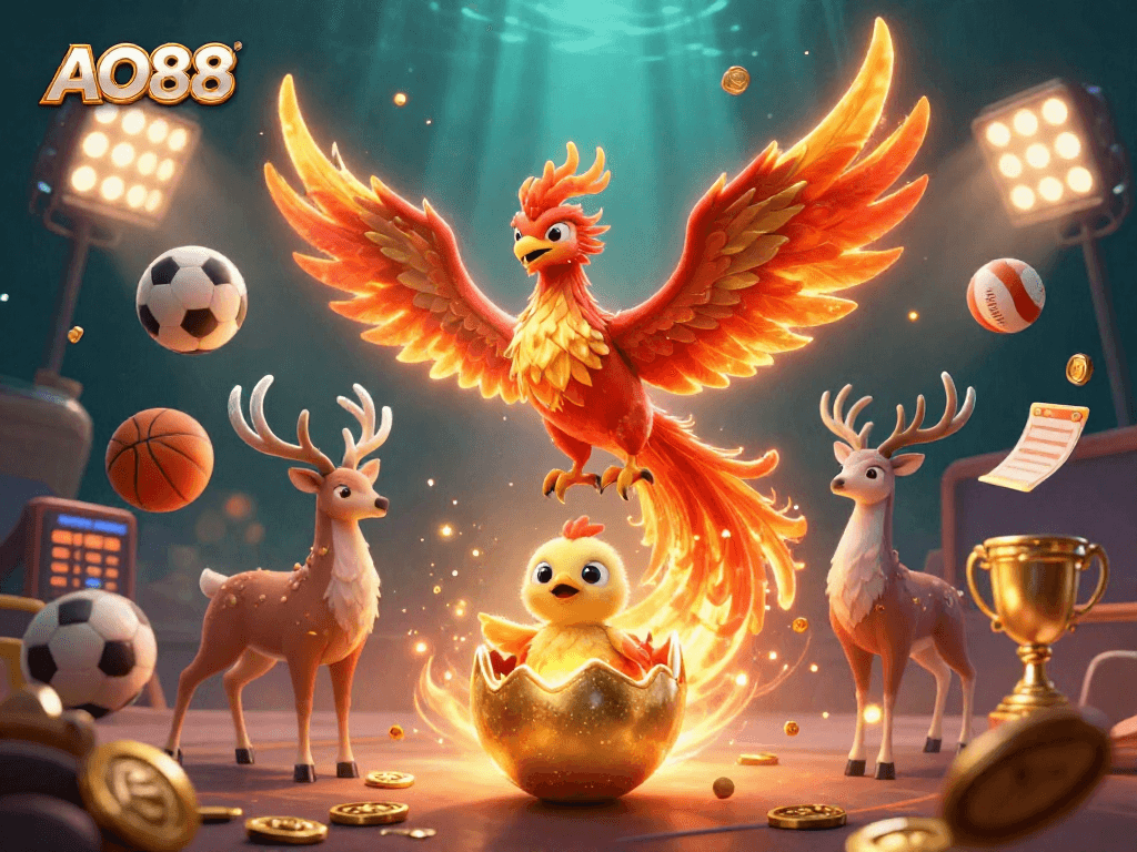 Engage with AO88's thrilling gambling scene featuring dynamic sports balls and a phoenix.