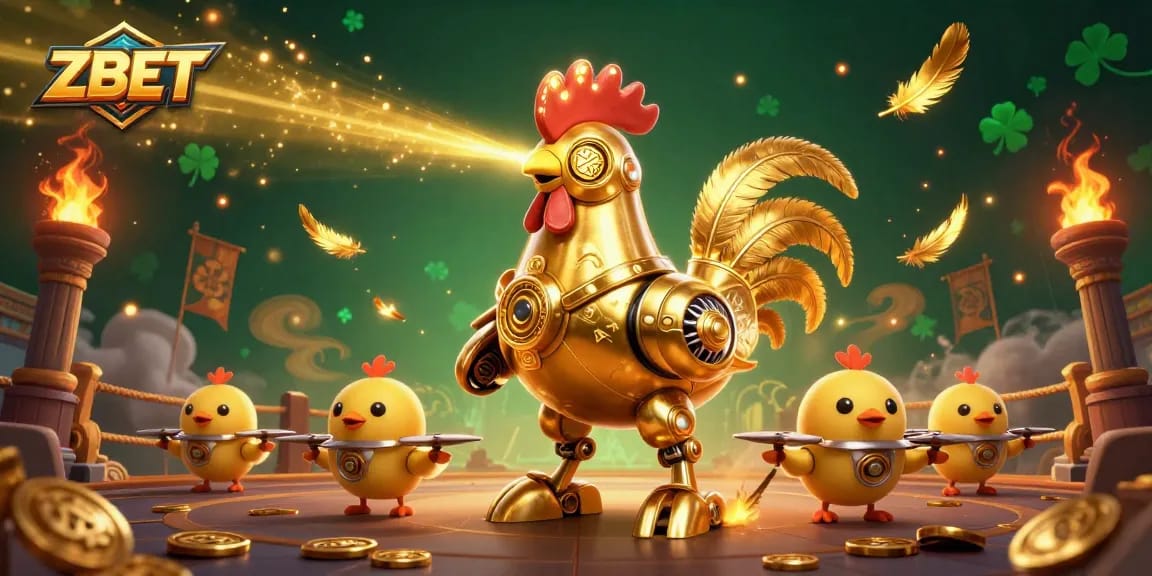 ZBET brings thrilling action with a golden rooster robot and baby chick drones in an energetic casino scene.