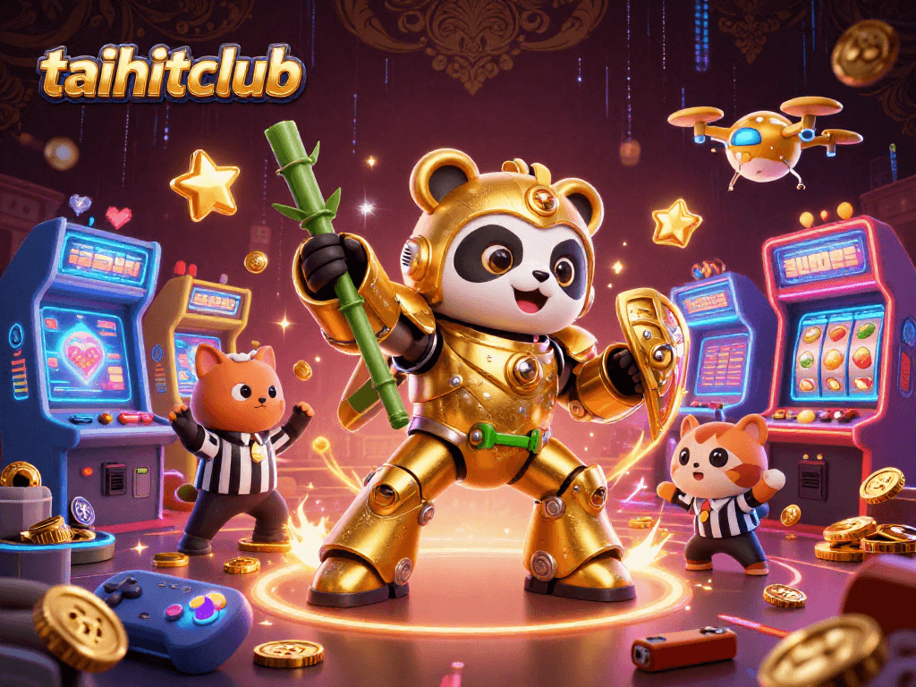 Taihitclub showcases a thrilling scene with a golden panda in a mech-suit amidst a vibrant casino game atmosphere.