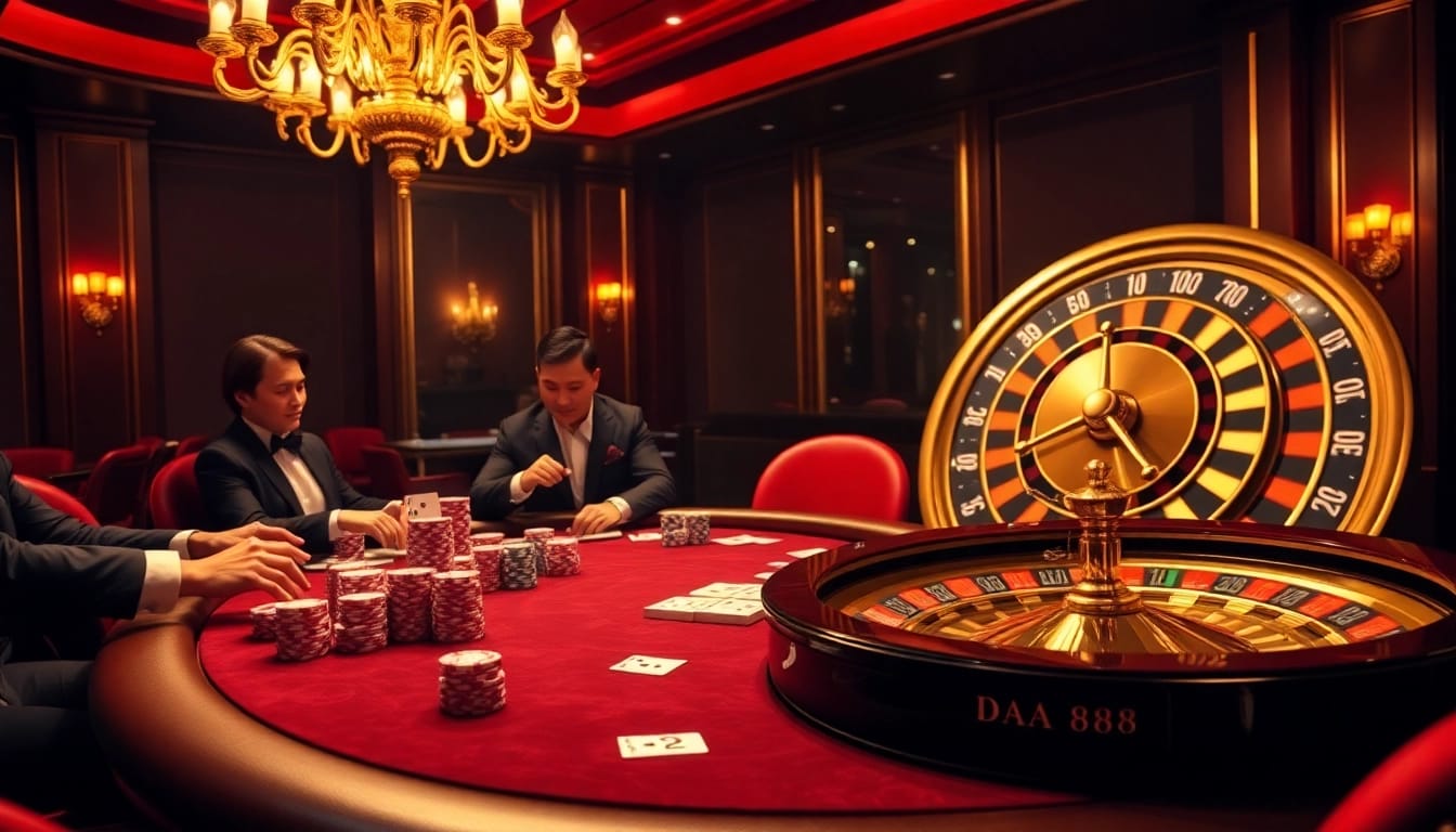 Experienced gamblers placing bets at DA88's luxurious poker table surrounded by elegant decor.