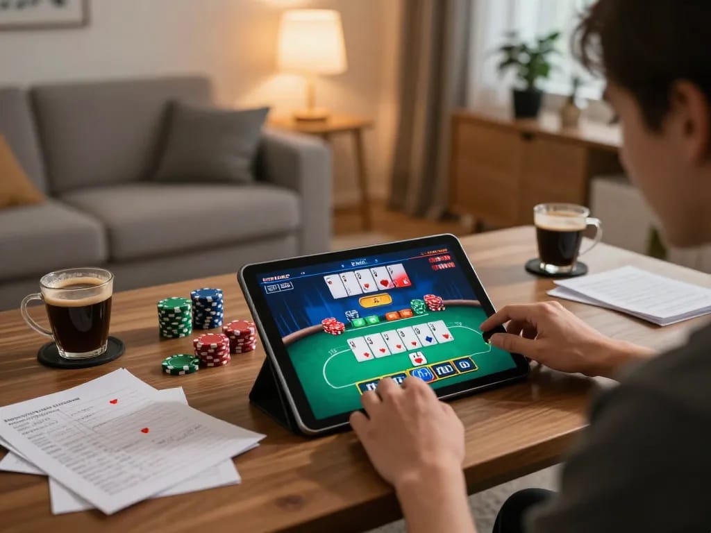 Player enjoying poker on a tablet while using god55 in a cozy living room setup