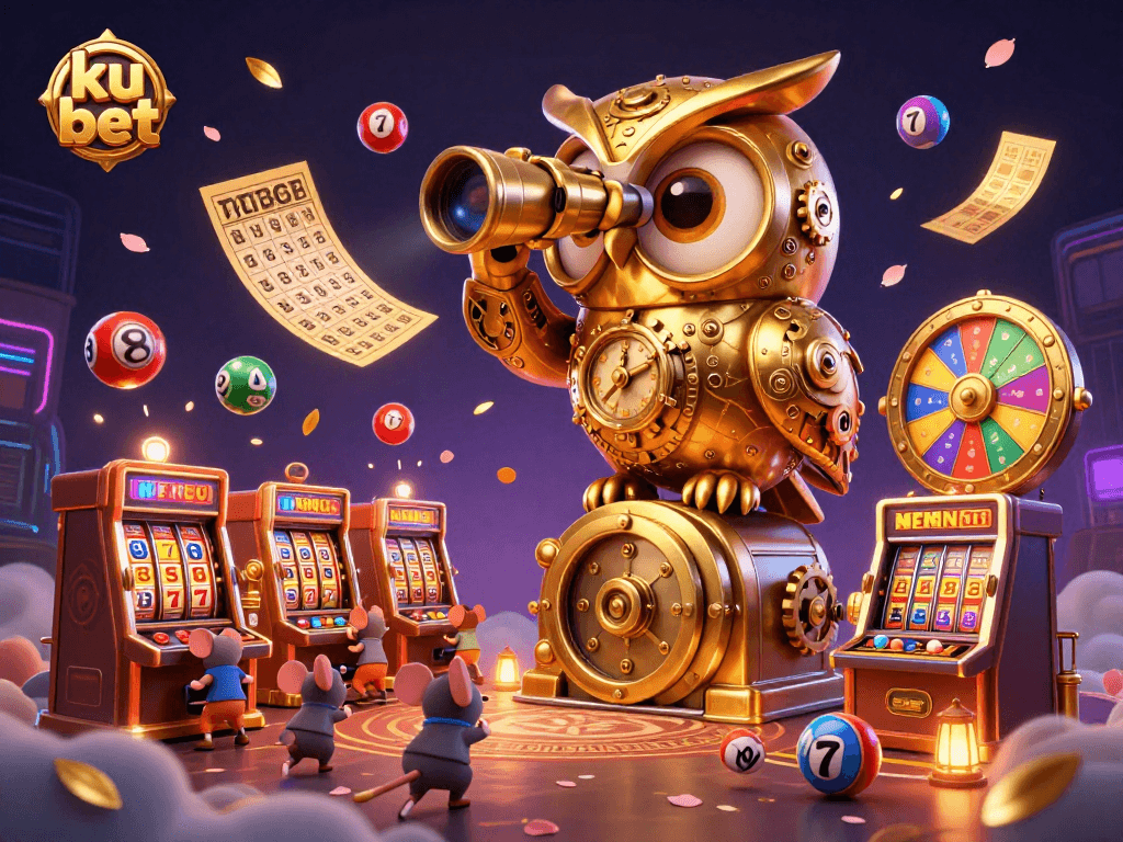 Experience vibrant excitement at ku bet with a massive clockwork owl watching over casino slot machines.