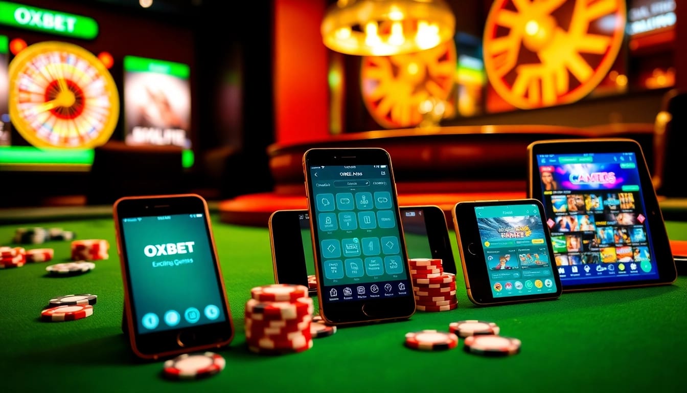 Exciting gameplay featuring the OXBET App on mobile devices within a luxurious casino environment.