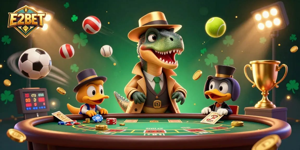 E2BET showcases a dynamic casino scene with a velociraptor card counter, adding excitement to the blackjack table.