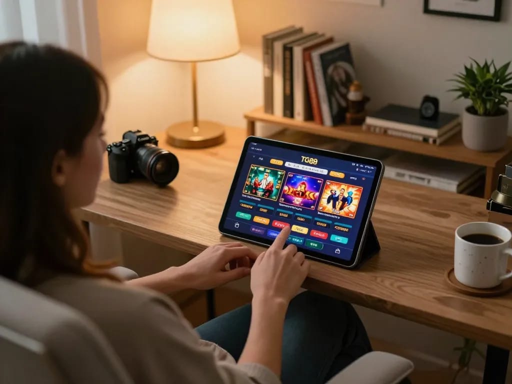 Player engaging with the TG88 casino app on a tablet while enjoying online gambling from home