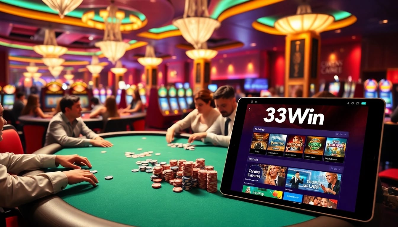 33Win players enjoying high-stakes poker in a vibrant, luxurious casino environment.