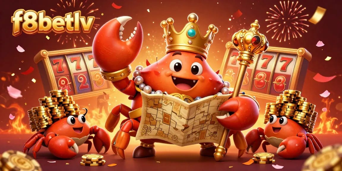 Experience the excitement at f8betlv with the golden crab emperor amidst vibrant gambling elements.