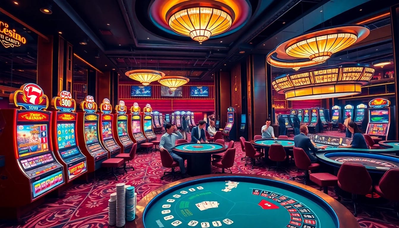 Tải App Nhà Cái 68VIP at a vibrant casino showcasing exciting slot machines and card tables.