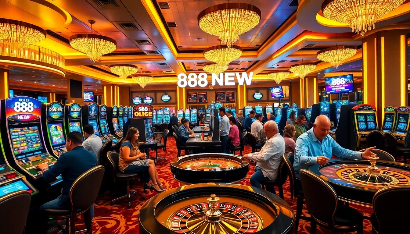 Experience the thrill of gameplay at 888 NEW with a luxurious casino atmosphere featuring vibrant machines.