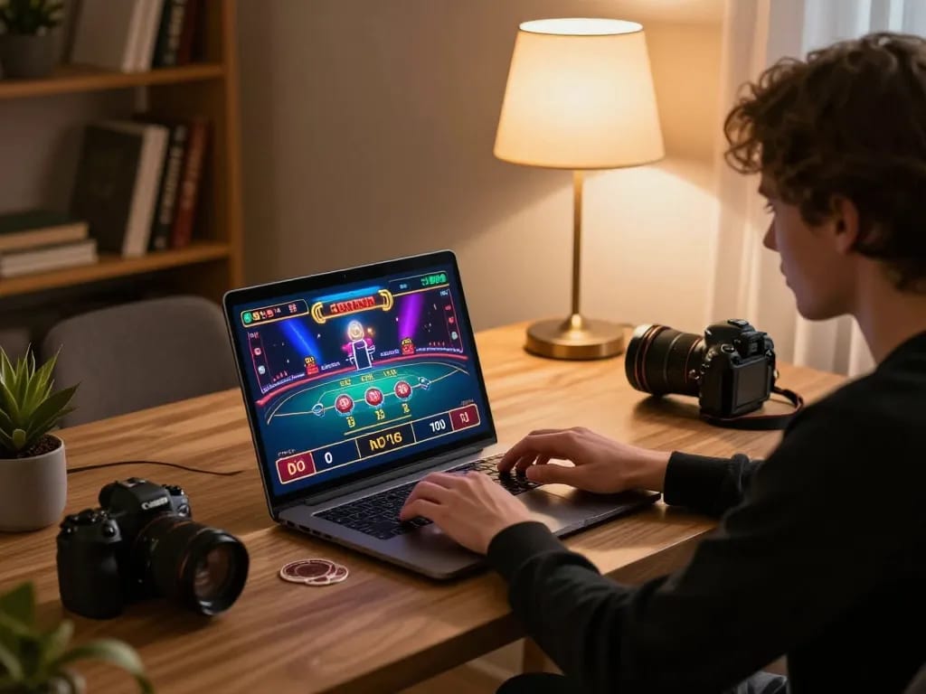Player engaging with F168 online casino, enjoying live dealer games on a cozy home setup.