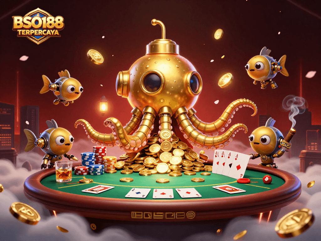BSO188 TERPERCAYA showcases a dynamic poker scene with a golden kraken submarine and mechanical fish.