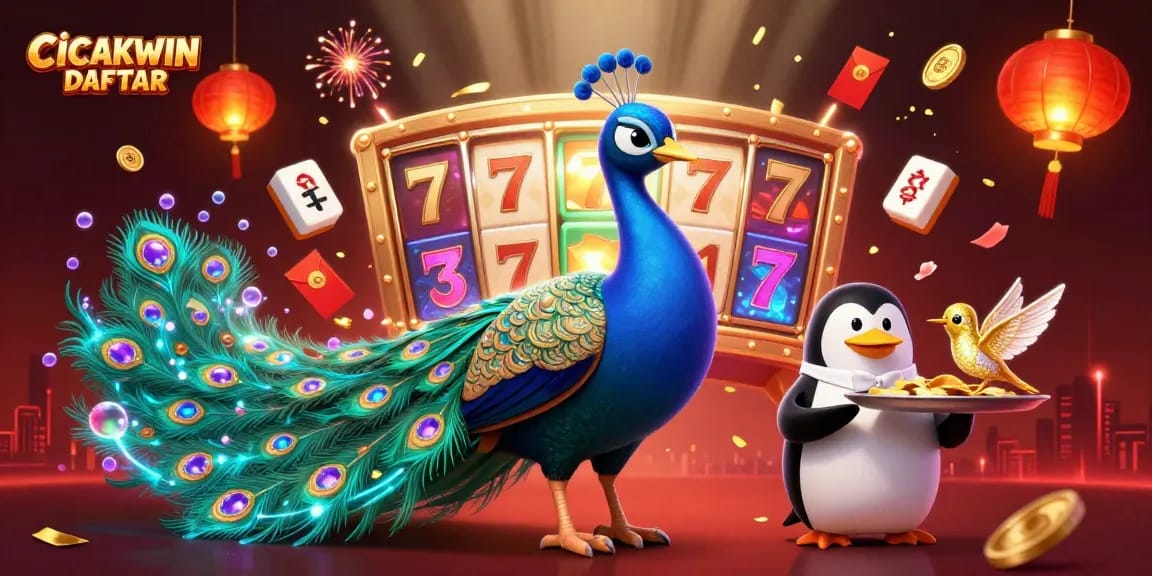 CICAKWIN DAFTAR showcases vibrant slot reels with an elegant peacock and golden treasures in a lively illustration.