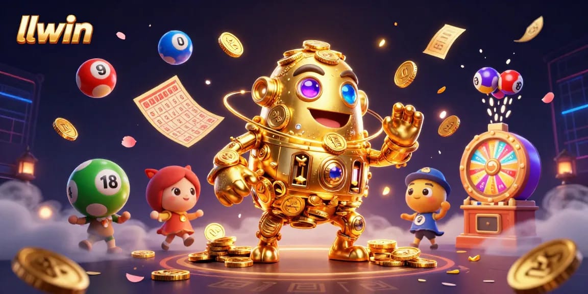 llwin brings excitement with a vibrant 3D illustration of a golden golem and dynamic lottery elements.