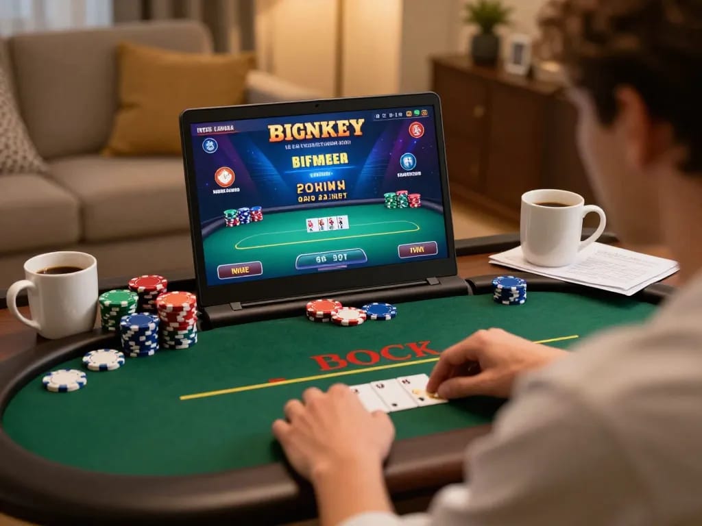 LC88 online gambling experience, individual engaged with poker game on laptop in cozy home setting.