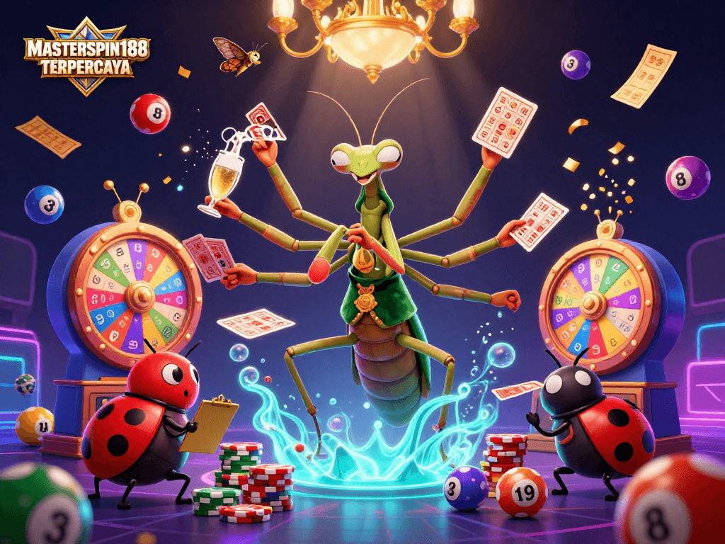 Engage with MASTERSPIN188 TERPERCAYA in this vibrant 3D casino illustration featuring dynamic lottery elements.