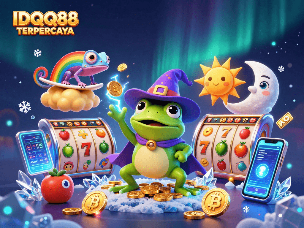 Experience big wins with IDQQ88 TERPERCAYA as a wizard frog summons golden coins in a vibrant casino scene.