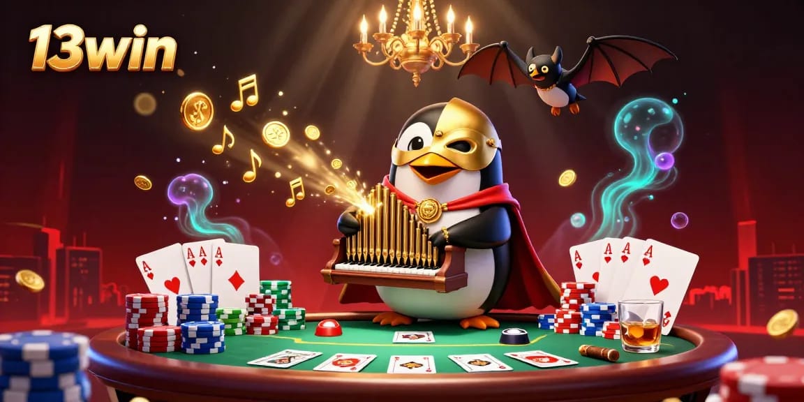 Watch the 13win penguin play for golden coins amid poker chips and casino excitement!