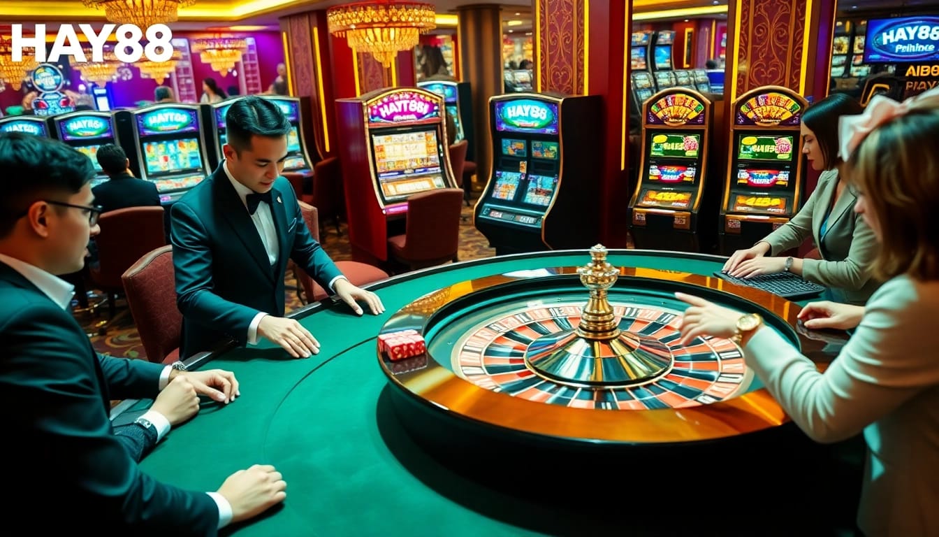 HAY88 players engage at a lively roulette table, showcasing a thrilling casino atmosphere.