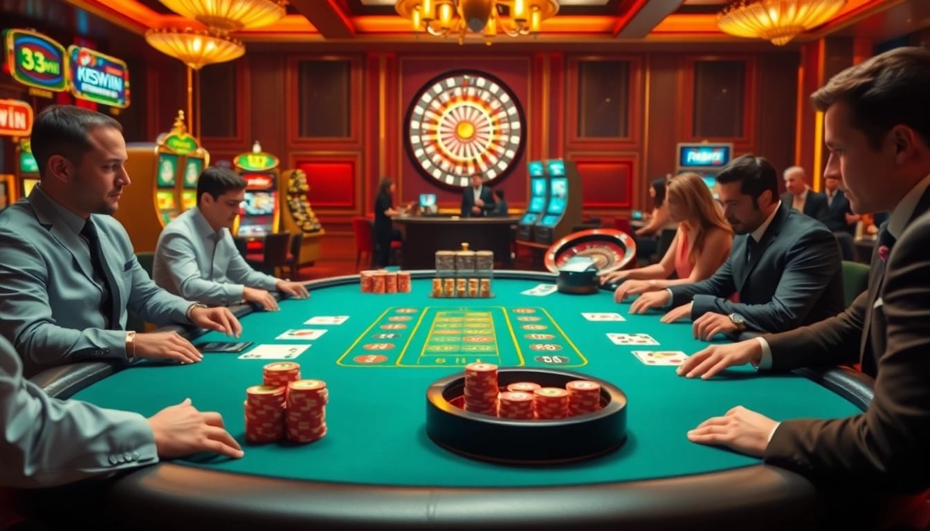 Exciting casino scene featuring 33win gaming with poker chips and a roulette wheel capturing the thrill of betting.