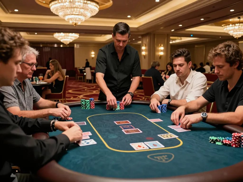 Pemain yang terlibat merencanakan strategi di meja poker MejaVIP togel online dalam suasana kasino yang hidup.