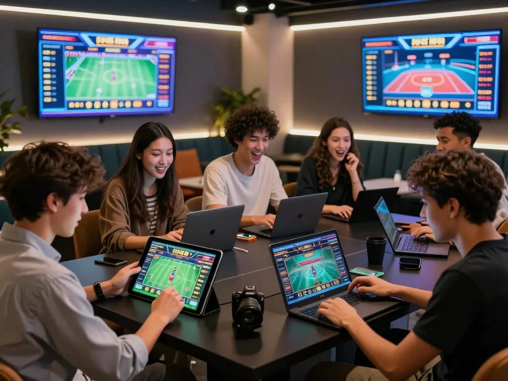 Engaged players enjoying the link f168 online betting experience, surrounded by modern gaming setups.
