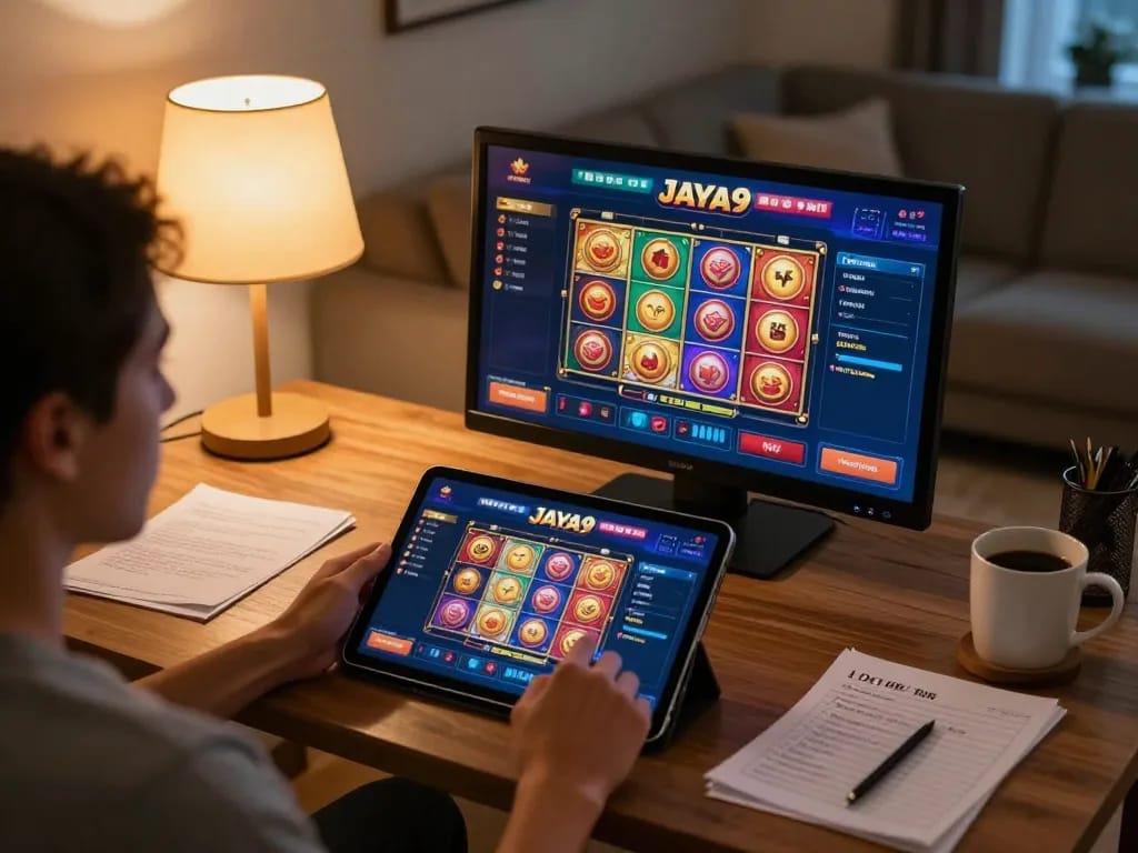 Engaged player using JAYA9 casino interface on tablet in comfortable home setting.