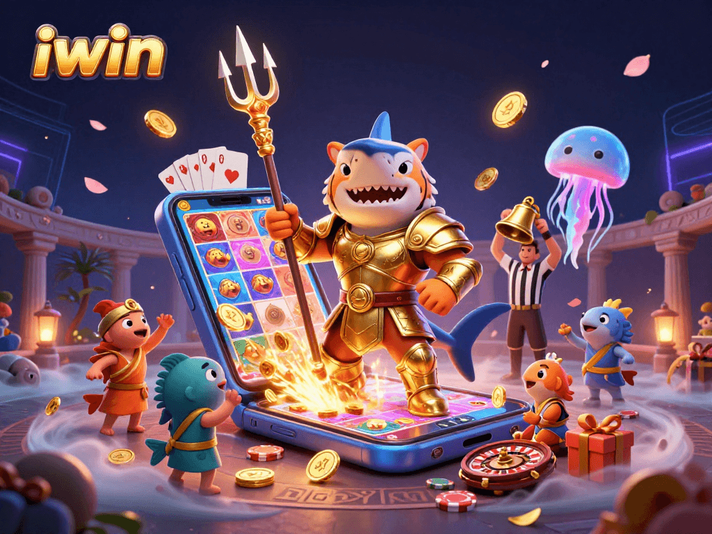 Iwin slot-themed gaming scene showcasing a shark gladiator in an underwater colosseum with vibrant game elements.