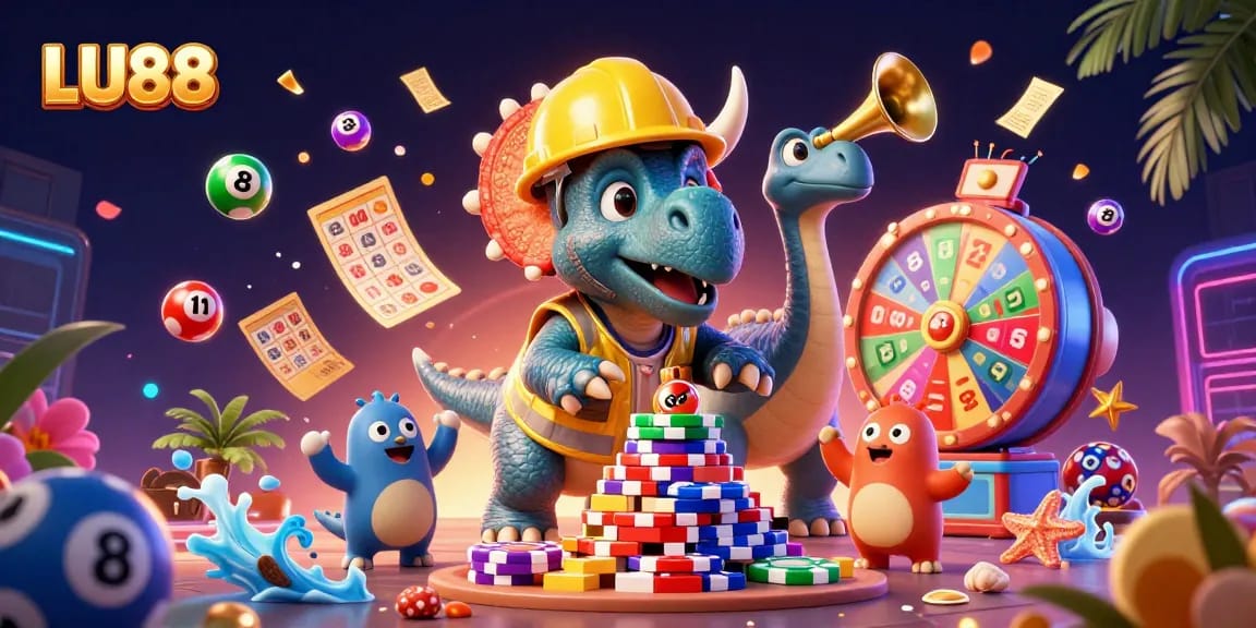LU88 energizes players with a vibrant scene of a triceratops building poker chips amidst casino joy.