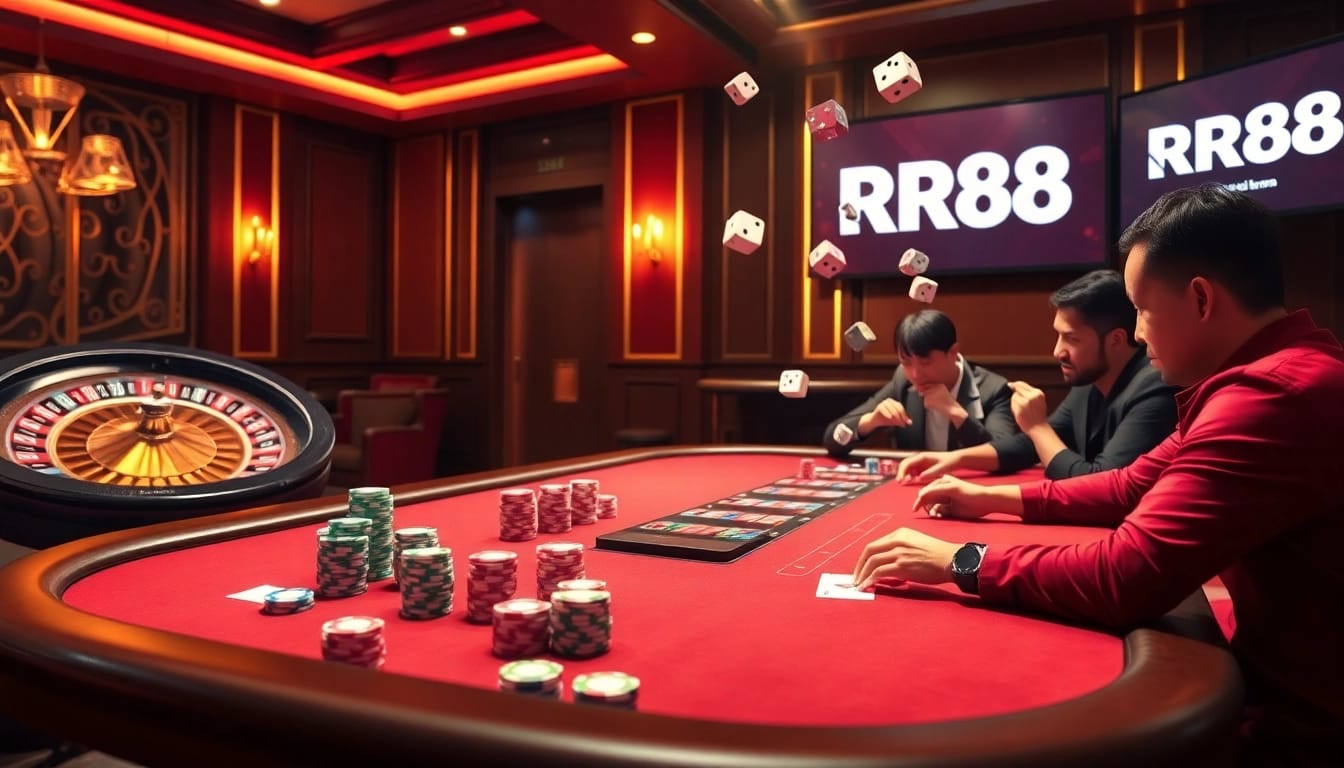Intense players at RR88 poker table celebrating victories in an upscale casino setting.