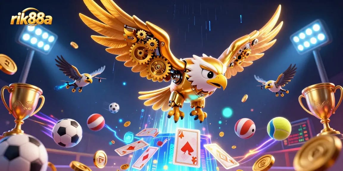 Win big at rik88a with a vibrant casino scene showcasing a golden eagle and dynamic sports elements.
