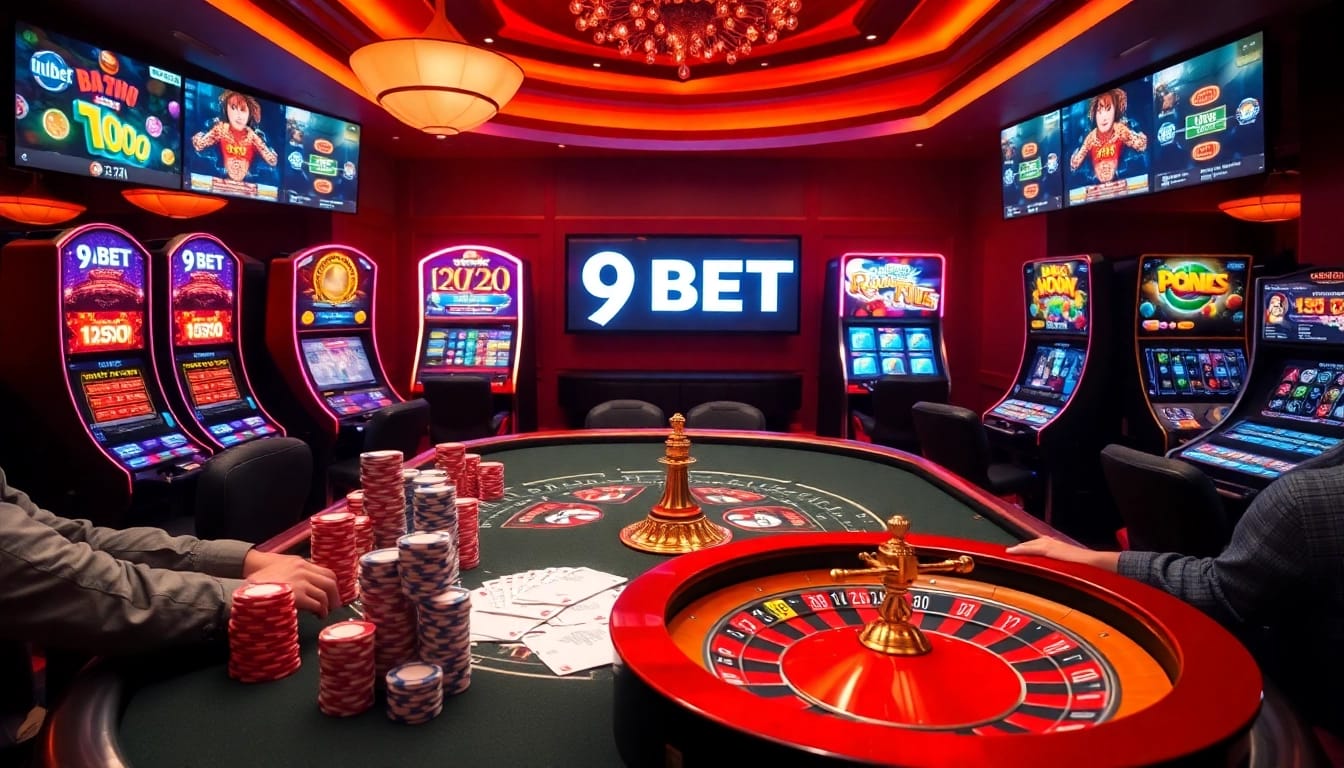 Experience the thrilling ambiance of 9BET with vibrant casino tables and high-stakes gambling activities.
