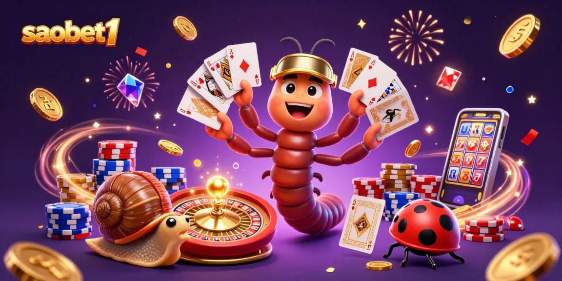 Engage with thrilling gaming action at saobet1 featuring a cartoon millipede dealer, high-stakes chip stacks, and sparkling gems.